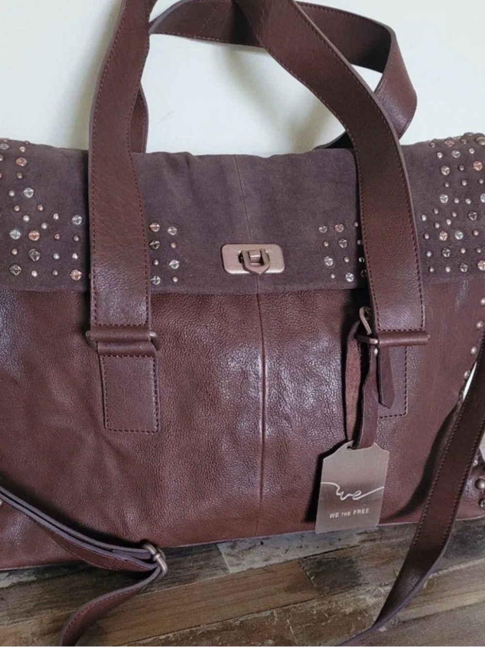 Free people We The free Studded Dark Brown Leather Tote Bag NWT $298 - Picture 3 of 5